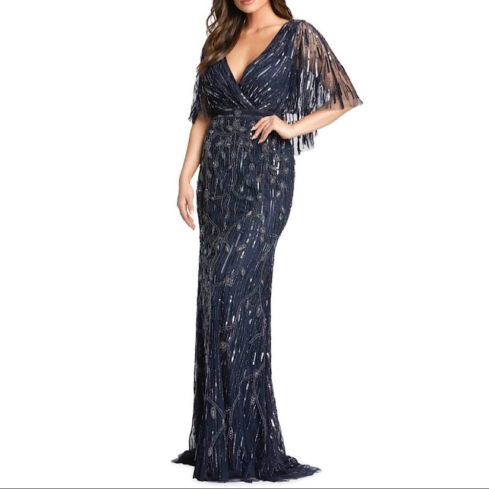 Mac Duggal Navy Beaded Fringe Evening Gown